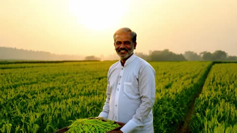 smiling farmer with harvest in rice field at sunrise