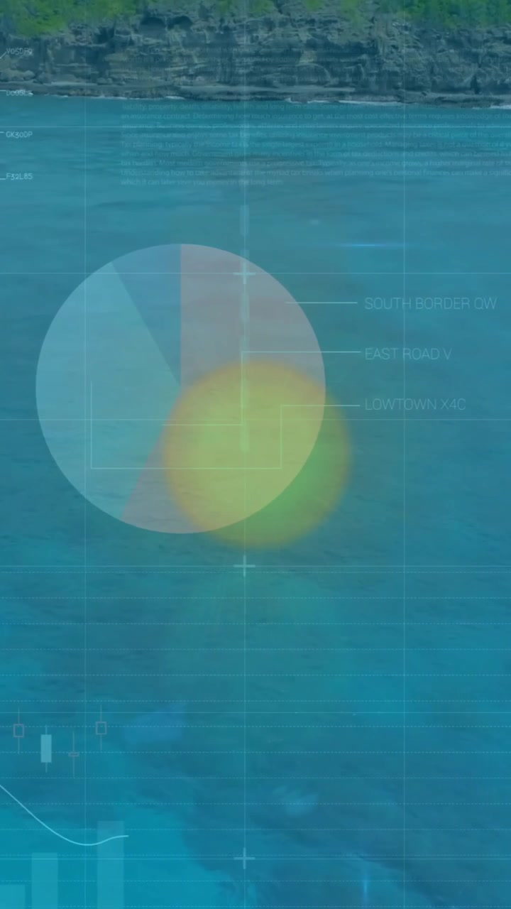 Creating animation with charts and graphs over ocean landscape background