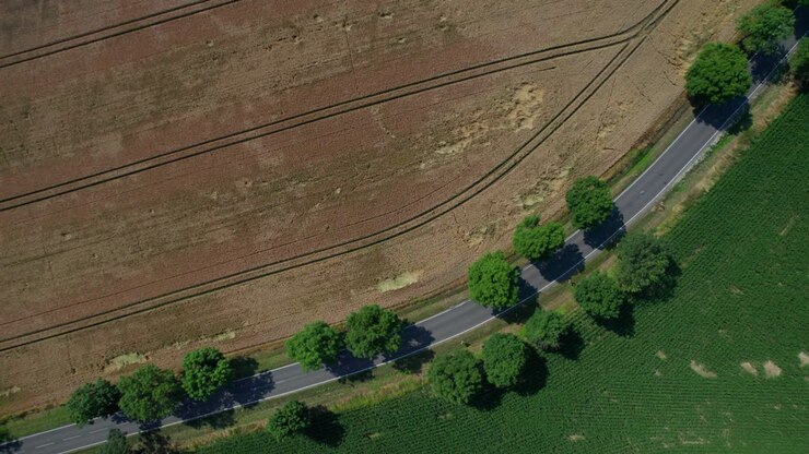 country road in a rural landscape (aerial, loopable)