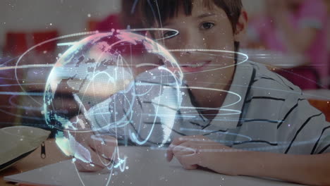 animation of globe with network of connections over schoolboy writing