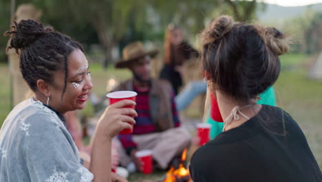 Women-cheers-at-festival,-camping-with-drinks