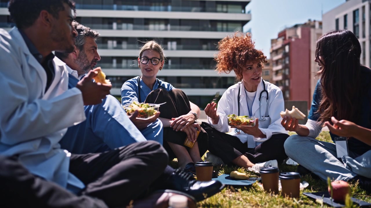 Diverse Medical Team Enjoying Lunch Break on Rooftop Garden