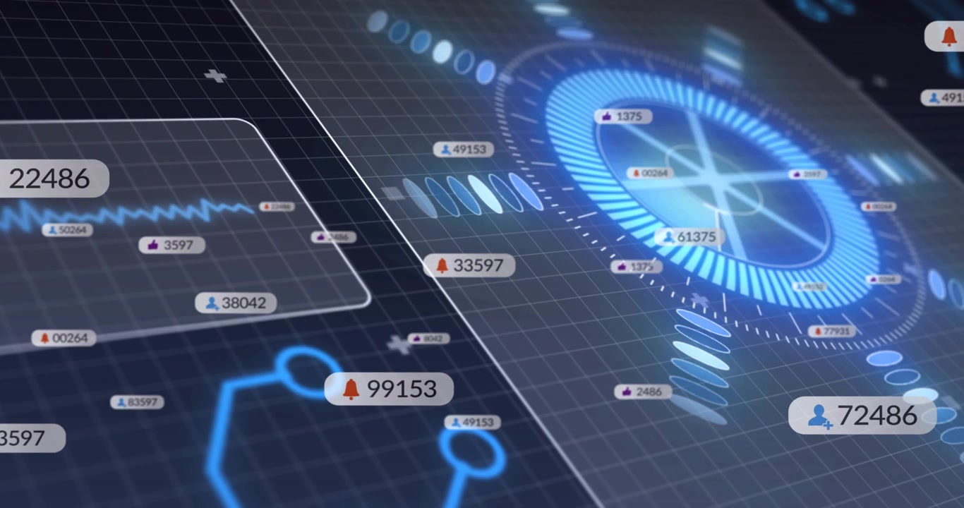 Radial hub pulsing, sending numeric badges drifting left to right toward hub, visualizing alerts