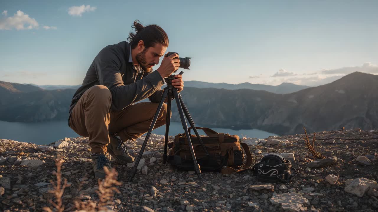 Arriving man in jacket kneeling and adjusting tripod camera at crater rim, preparing capture lake