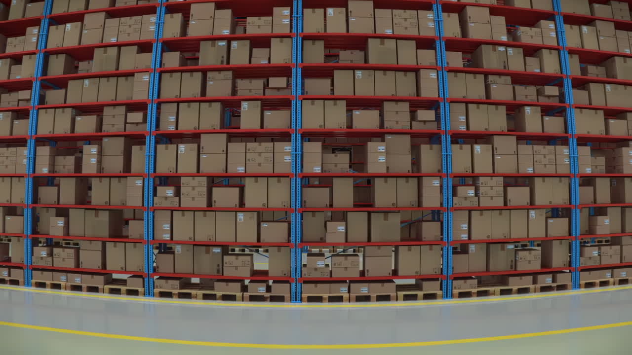 Industrial inventory control, order fulfillment space optimization, cardboard boxes metal shelves rack full of carton large industrial warehouse distribution center storage show efficiency automation