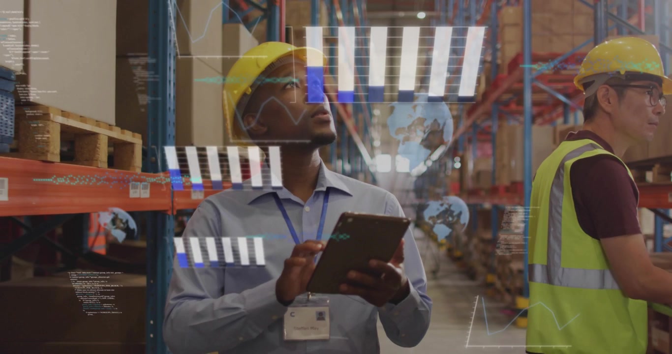 Logistics supervisor tapping tablet, inspecting racks in aisle, generating AR charts checking stock