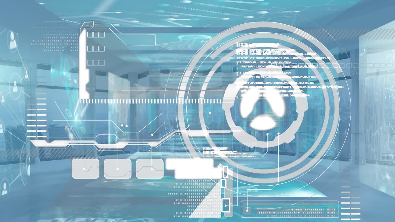 둥근 스캐너와 인터페이스의 애니메이션 및 빈 사무실에 대한 데이터 처리