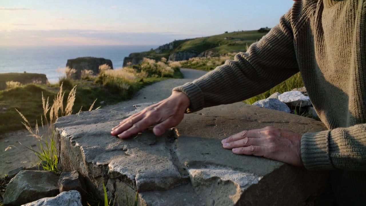 Homme en pull en maille olive, les mains glissant, penché sur une vue de falaise, explorant une dalle de pierre, avec une bague et un espace pour le texte.