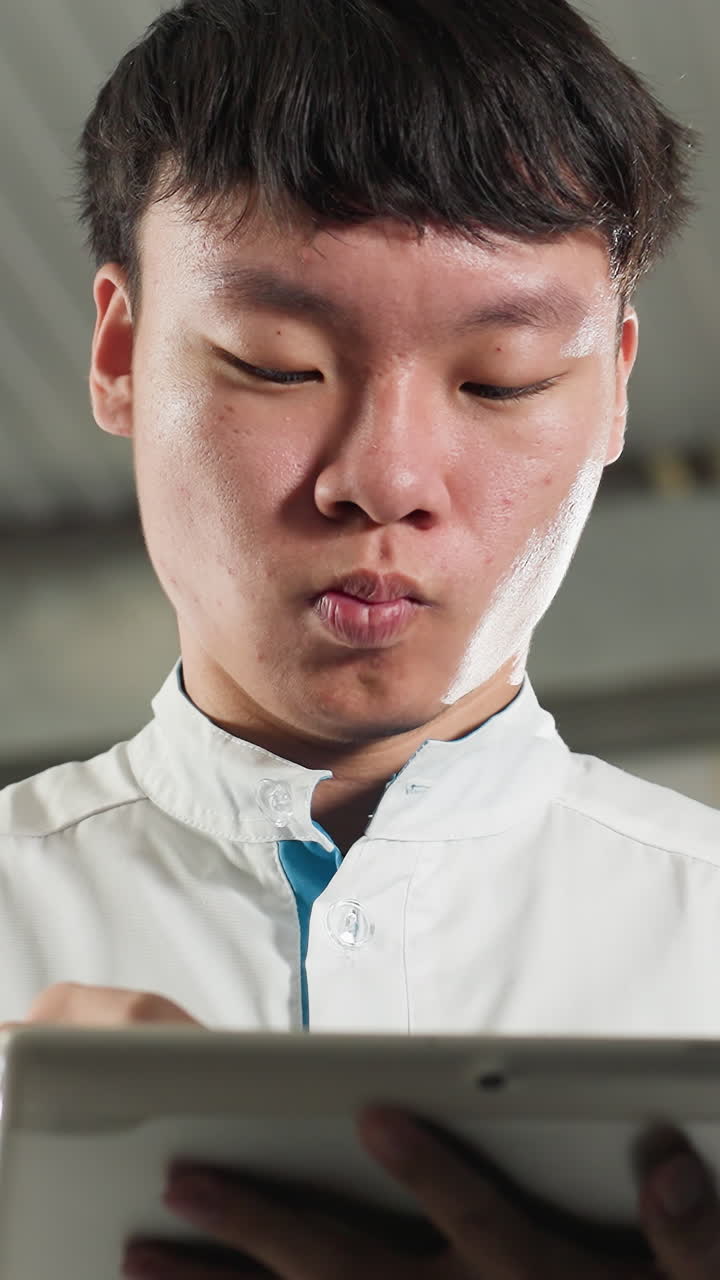 estudiante chino en bata de laboratorio tomando notas con la tableta mientras un hombre parcialmente visible observa, un taller mecánico industrial con herramientas y equipos en el fondo