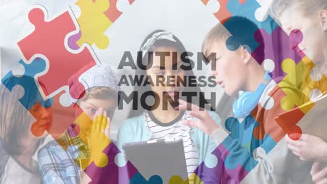 Animation-of-colorful-puzzles-and-autism-awareness-month-over-diverse-children-with-tablet