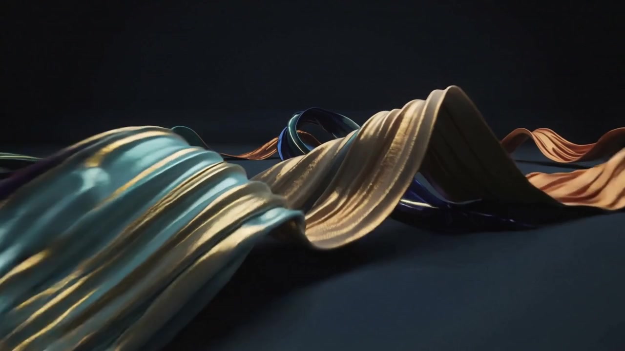 Low-angle camera panning, teal magenta ribbon sliding across dark studio stage, revealing layers