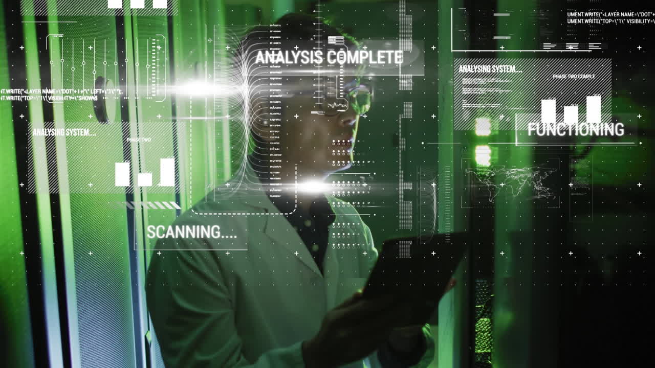Animation of hud interface over asian man using digital tablet in server room