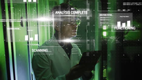 animation of hud interface over asian man using digital tablet in server room