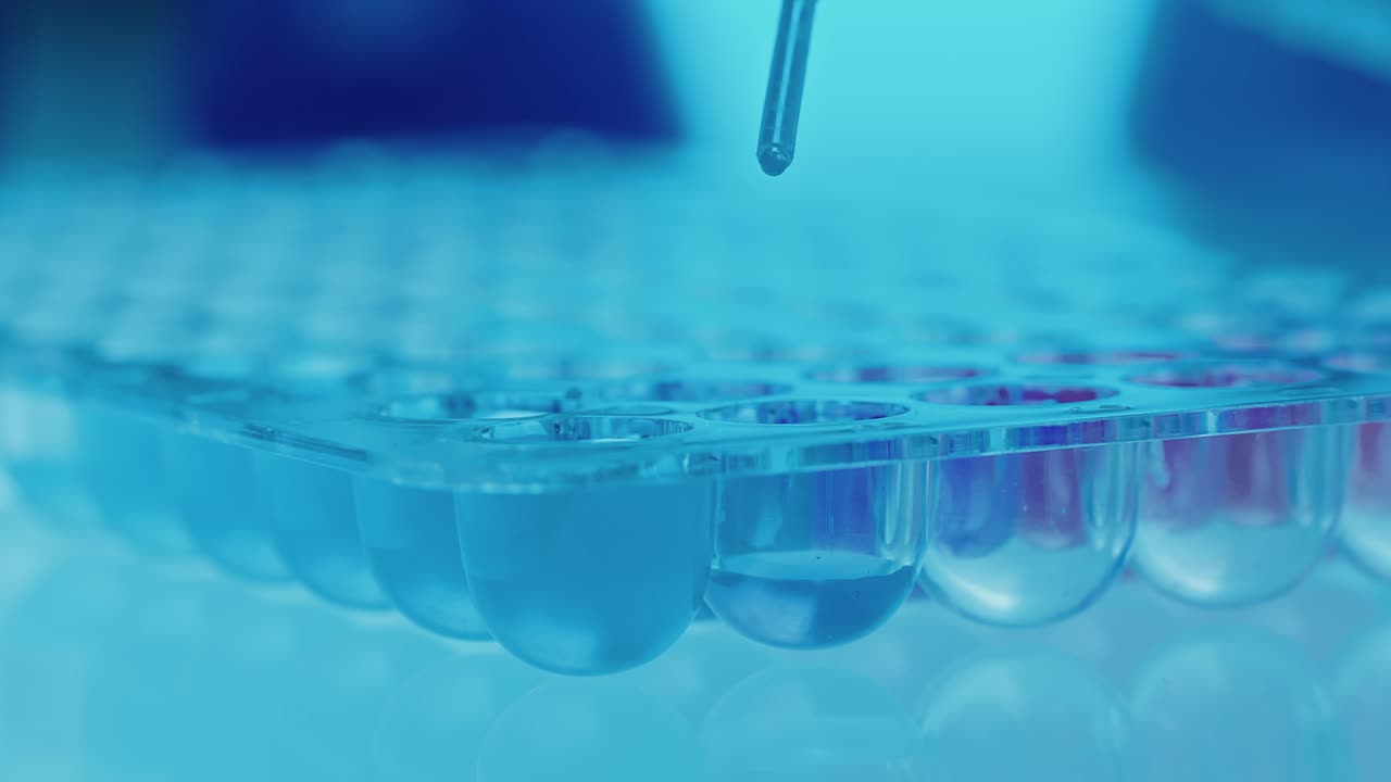 Pipette Dispensing Droplets of Liquid into Multiwell Plate in Laboratory