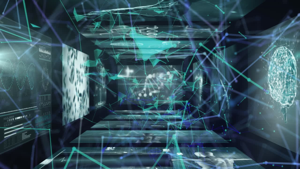 animazione della rete di connessioni e elaborazione dei dati su sfondo nero