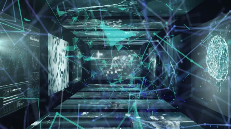 Animation of network of connections and data processing over black background