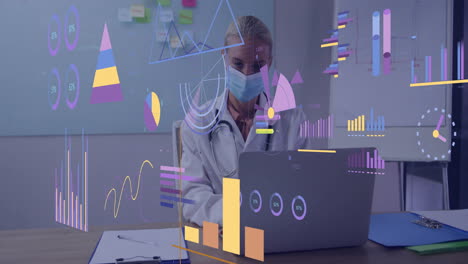 animation of diagrams and data processing over caucasian female doctor using laptop in office