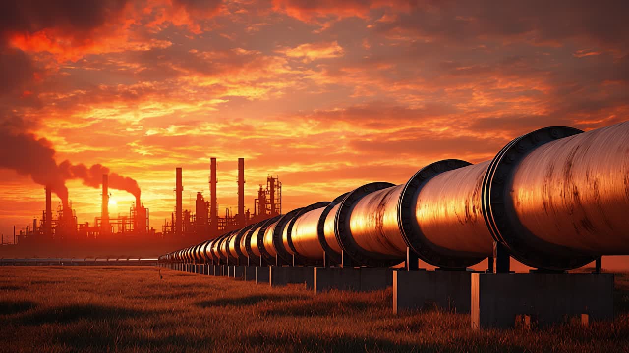 Impresionante atardecer sobre un paisaje industrial con prominentes tuberías y fábricas, ilustrando la intersección de la naturaleza y la tecnología bajo el resplandor del anochecer.