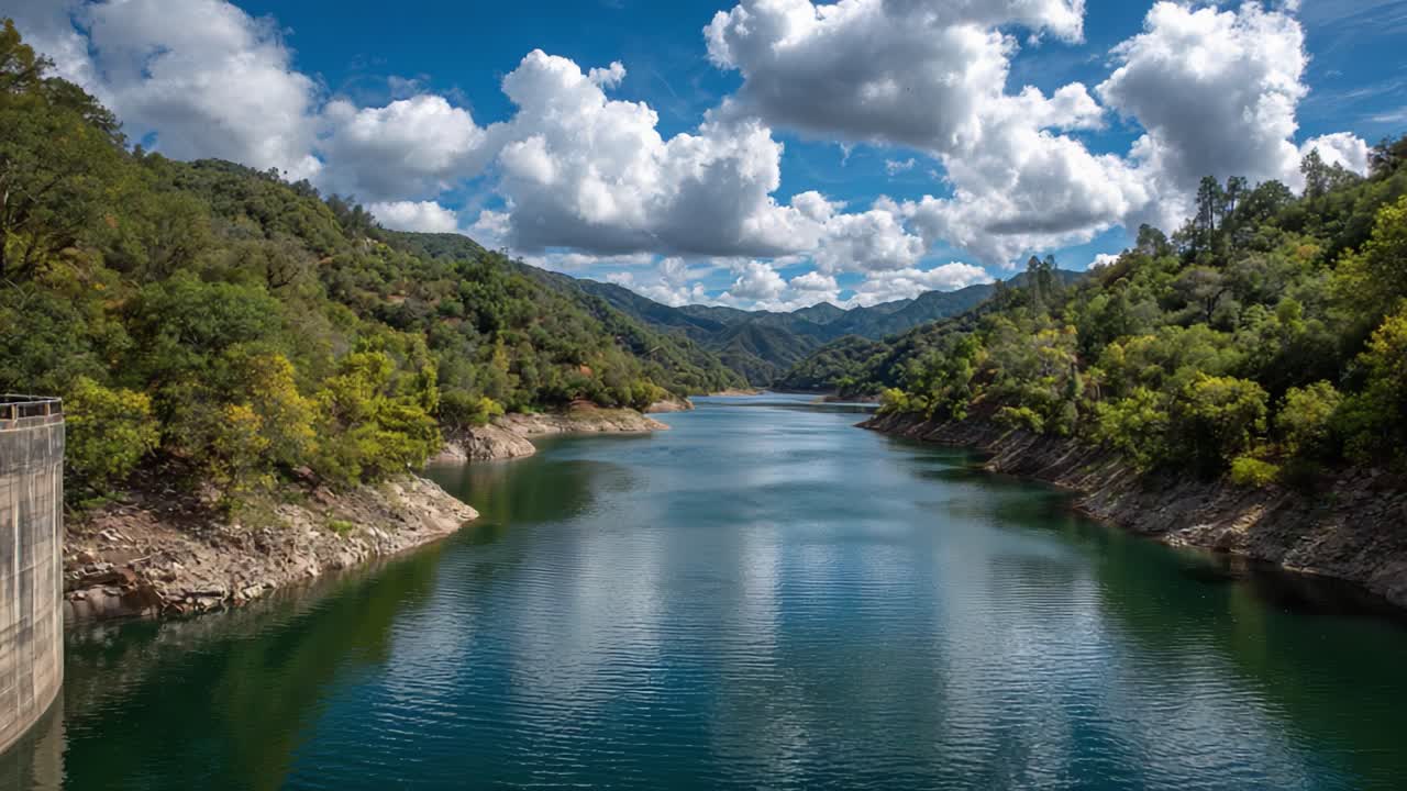 Una serena scena sul lungomare: viste affascinanti del fiume tranquillo circondato da una vegetazione lussureggiante e da montagne maestose sotto un cielo vivace