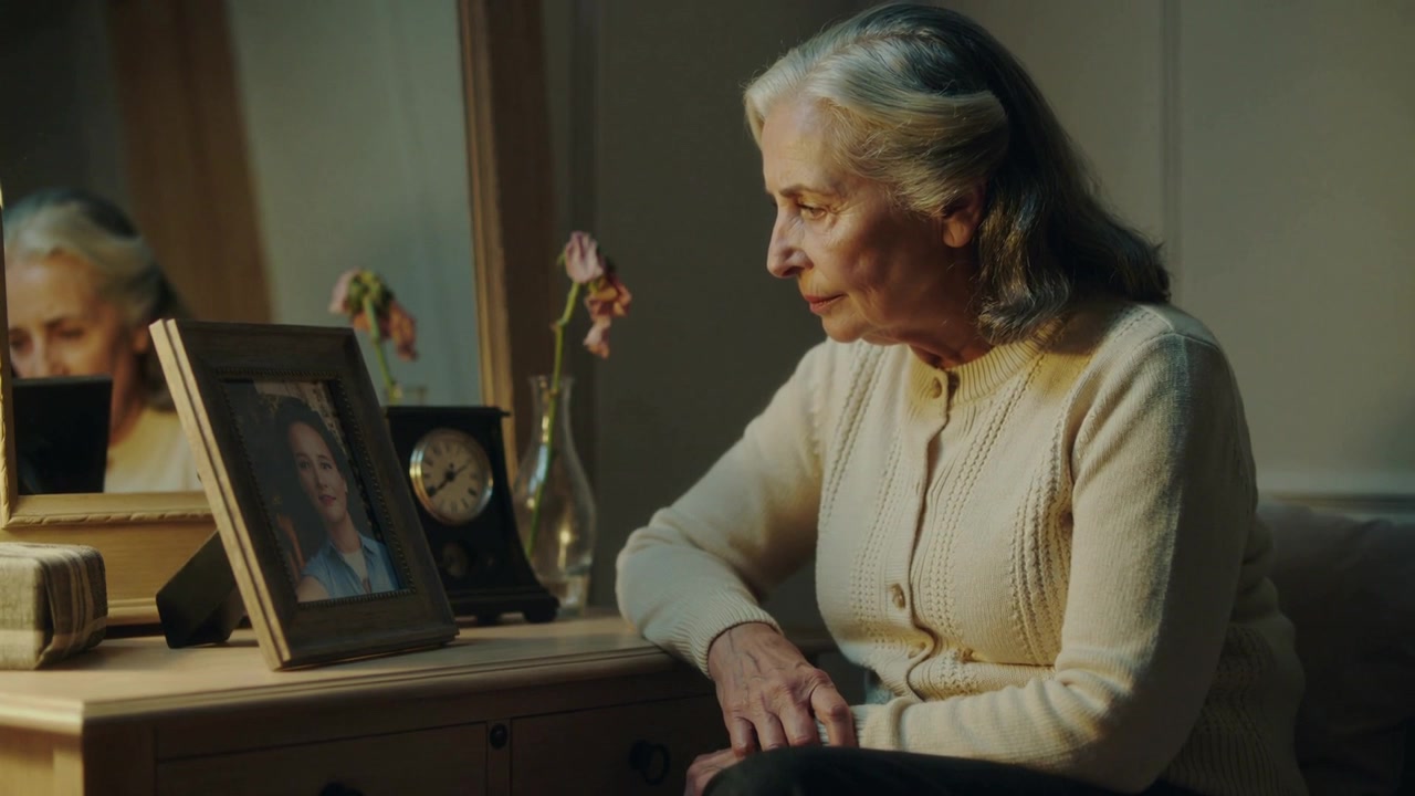 Sitting senior woman reflecting, portrait drawing gaze to mirror on dresser, in cream cardigan