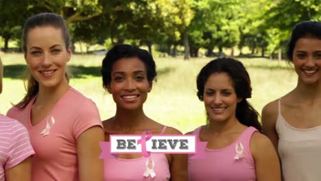 Animation-of-breast-cancer-awareness-text-over-group-of-smiling-women