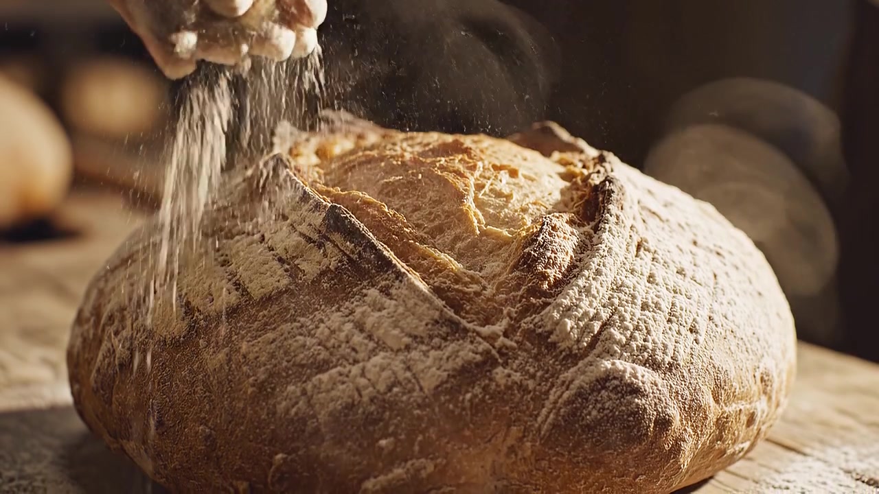 Baker dusting fresh crusty sourdough bread with white flour