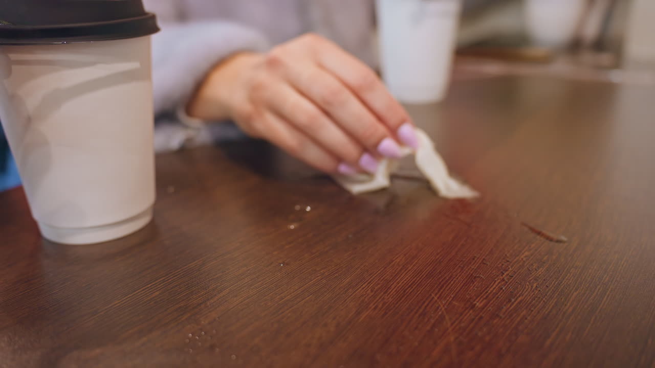 Mom wiping coffee spill on table, manicured hand using napkin to absorb liquid near takeaway cup, gentle attentive motion shows mother caring for son after accidental spill, warm wood surface, closeup
