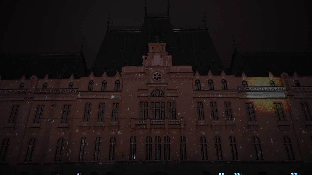 Iasi, Romania - December 18, 2020: View of the Palace of Culture with Christmas decorations at night