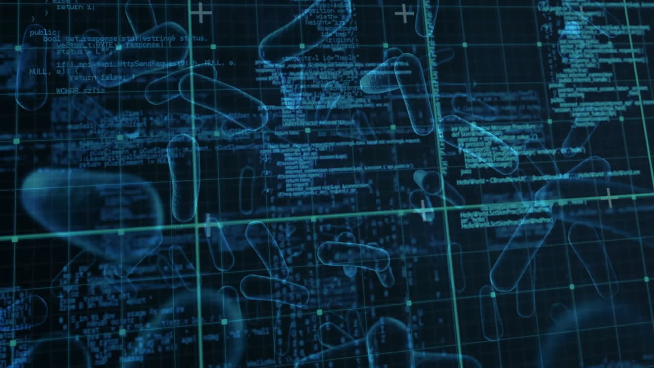 Animation of data processing over virus cells on black background