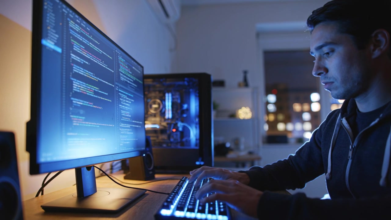 Typing hooded coder prompted by monitor with code, editing code at home desk with RGB keyboard