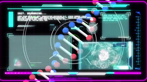 Animation-Des-DNA-Strang--Und-Scope-Scans-über-Die-Datenverarbeitung-Auf-Schwarzem-Hintergrund