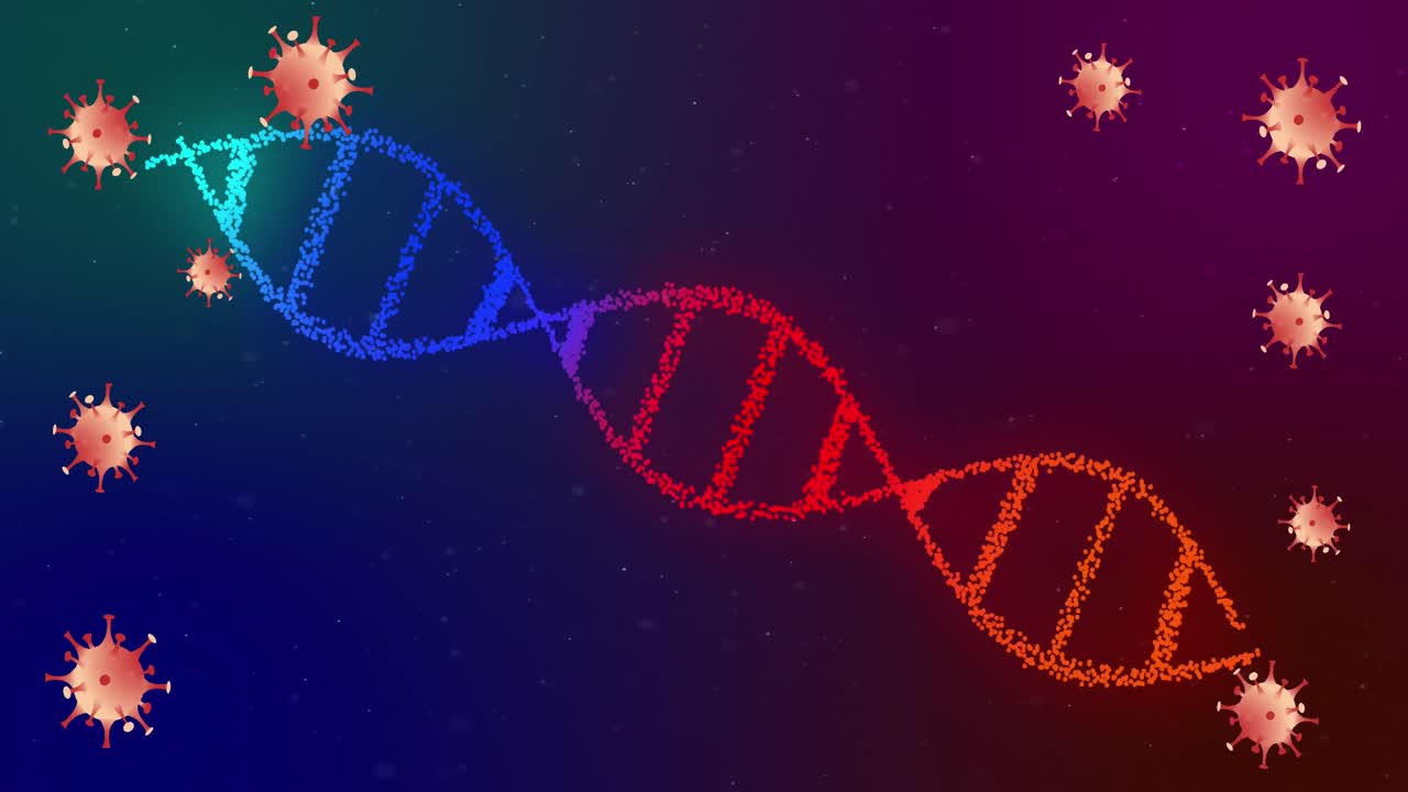 animación de las células de covid 19 que se mueven y la hilera de adn que gira