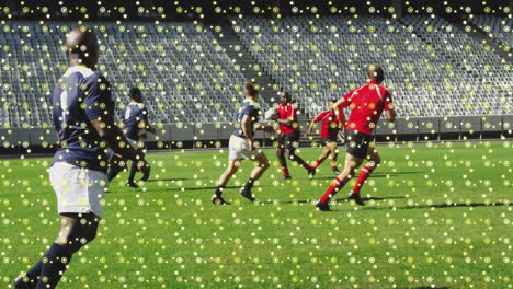 animation of circles over diverse male rugby players at stadium