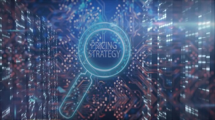 Pricing strategy being highlighted in neon magnifying glass floating over server racks and circuits