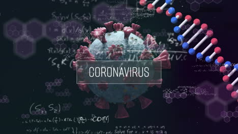 animation of a macro coronavirus covid-19 cell floating over a dna and formulas and coronavirus word