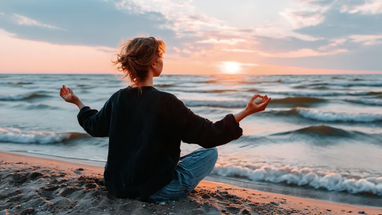 A Serene Sunset Meditation by the Beach: Embracing Tranquility and Mindfulness Amidst the Gentle Waves and Melting Colors of Dusk