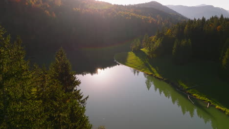 Autumnal-woodland-alpine-trees-aerial-view-over-Sylvenstein-lake-reflecting-mountain-peaks-at-sunrise