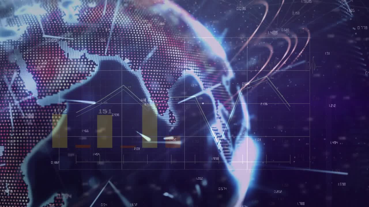 Rim brightening causing dotted globe rotating, emitting streaks, bars sliding visualizing metrics