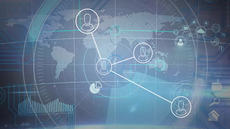 animation of scope scanning with connections over world map on blue background