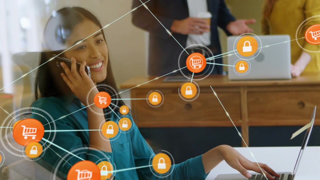 Woman sitting at desk tapping phone and starting cart padlock network linking laptop for commerce