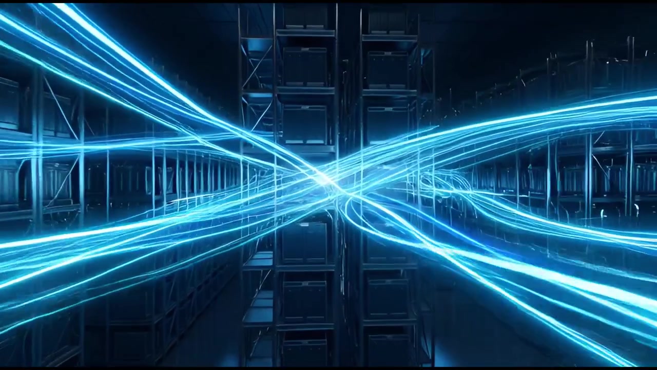 High-Tech Server Room with Dynamic Digital Information Flow