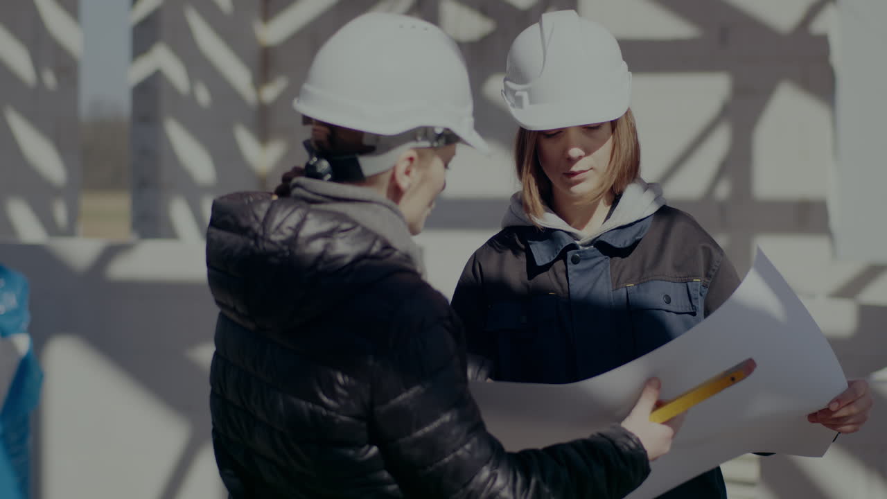 Female architect explaining blueprint while discussing with engineer at construction site