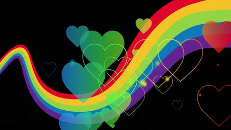 Animation-of-rainbow-hearts-over-black-background