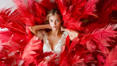 a woman laying in a bed of red feathers