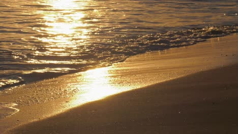 ocean waves on golden sandy beach at sunrise, mediterranean coast of spain