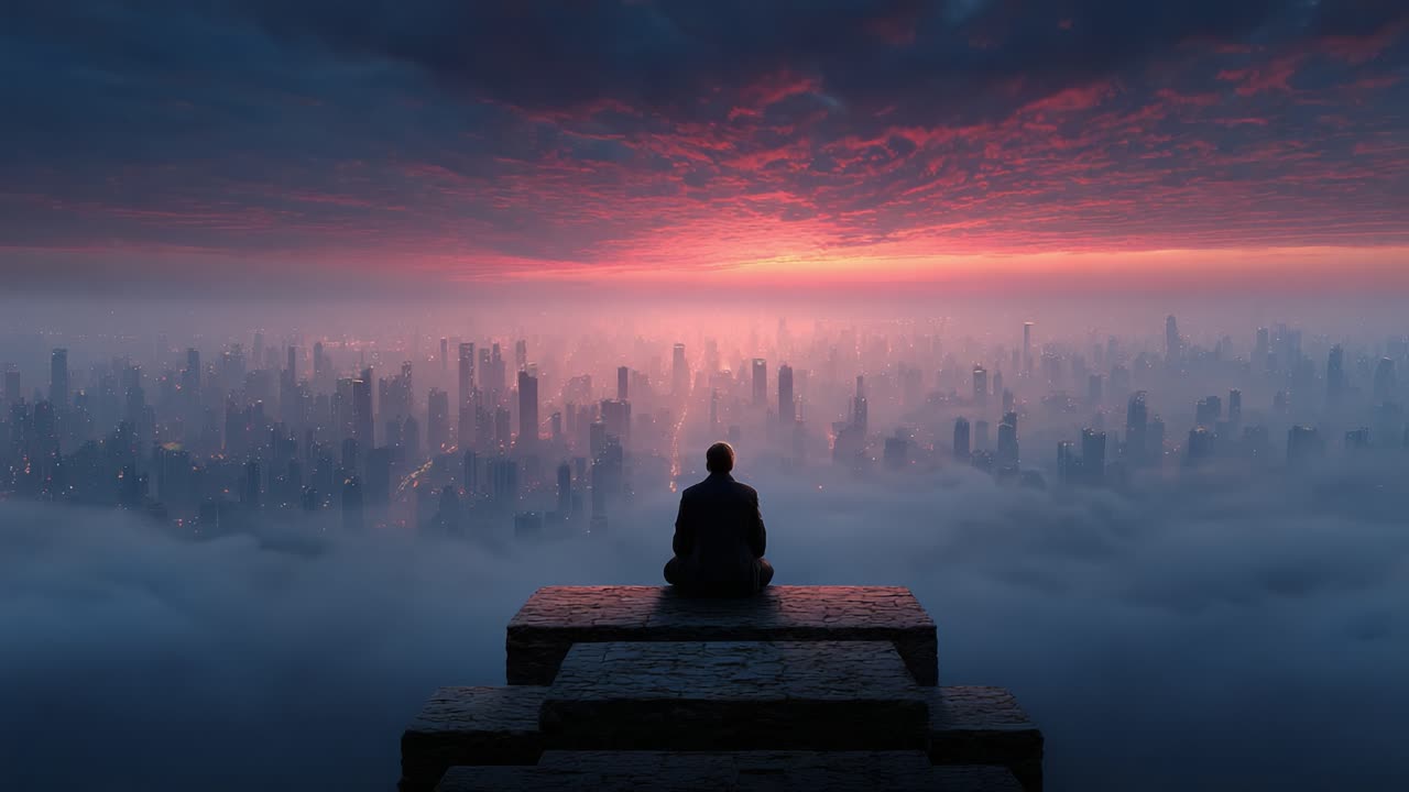 A solitary figure sits on a stone platform, overlooking a majestic city skyline enveloped in fog as vibrant sunset colors illuminate the sky, evoking a sense of peace and contemplation