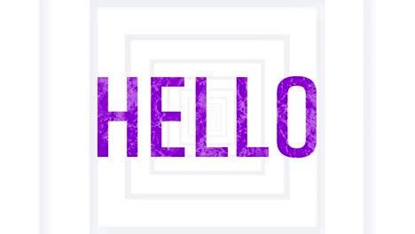 animación del texto de saludo en letras púrpuras sobre cuadrados pulsantes blancos