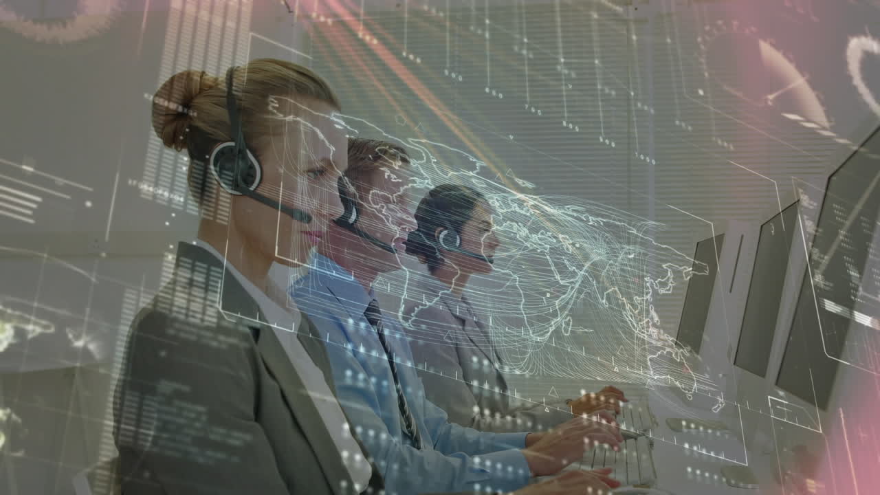 Animation of financial data processing over business people working in office