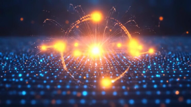 Griglia digitale astratta con particelle arancioni luminose e sfere di energia