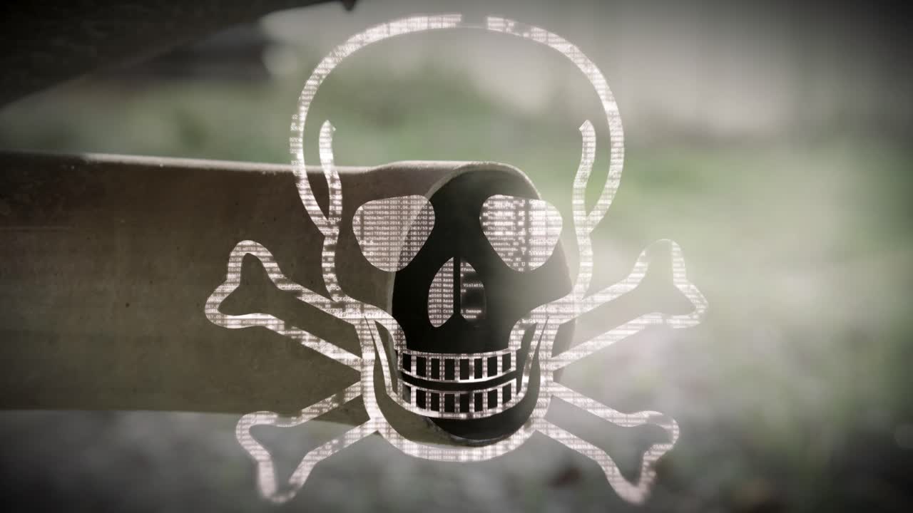 자동차의 연기가 나는 배기관 앞에 반짝이는 해골 기호